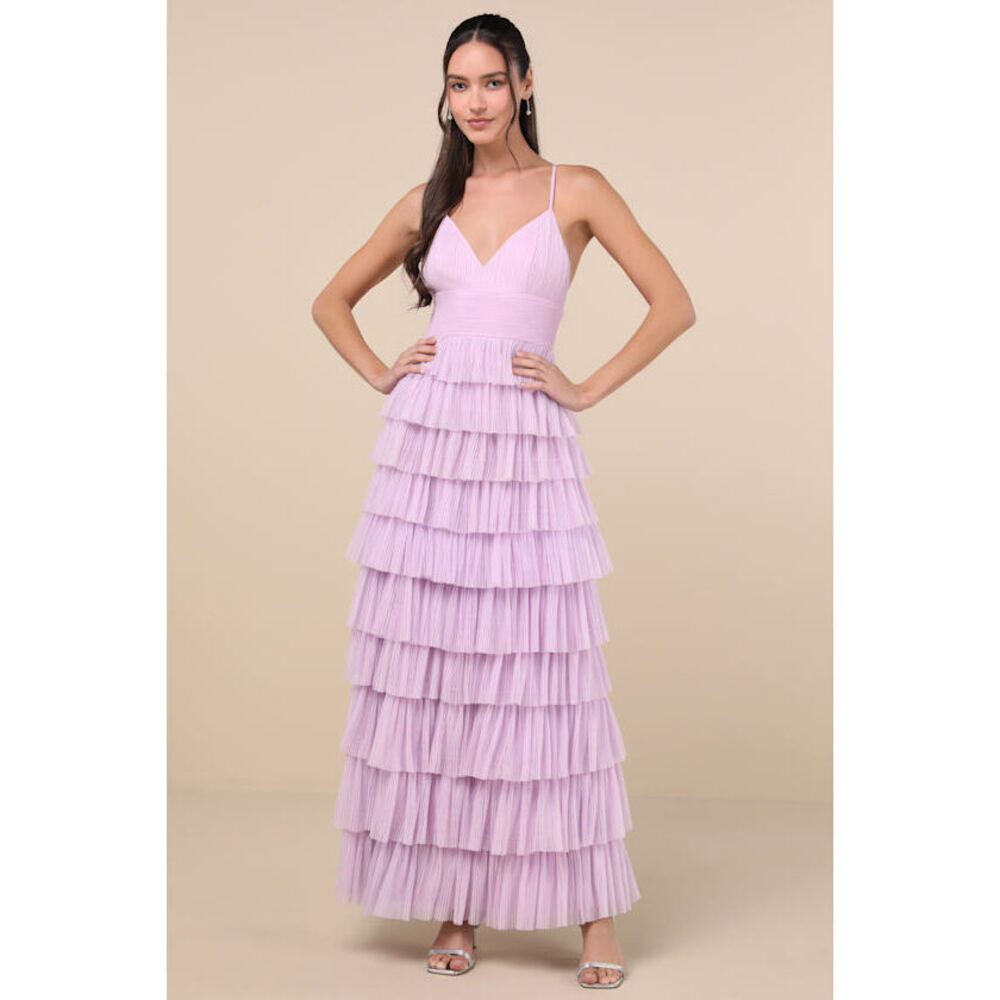 Lulus Radiant Event Lavender Mesh Tiered Ruffled Backless Maxi Dress Purple